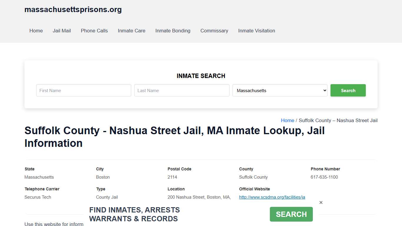 Suffolk County - Nashua Street Jail, MA - Offender Locator, Contacts, Inmate Info